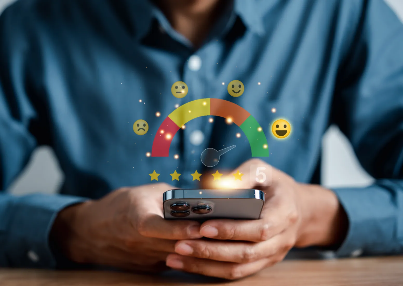 A person rating our service with a five-star satisfaction meter on their phone